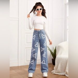 SHEIN Teen Girls Heart Print High Waist Straight Leg Jeans